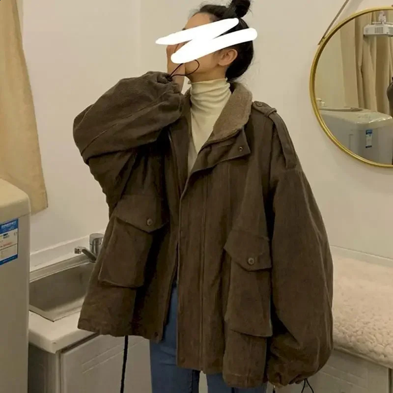Oversized Jacket Corduroy Plus Velvet Thick Coat Loose Lamb Wool Autumn Winter 2024 Retro Clothes Coats 250113Z