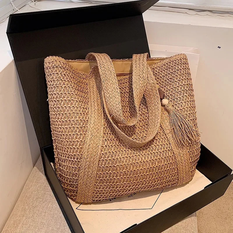 Fashion Large Capacity Fringe Pendant Handmade Straw Handbag Women Holiday Beach Casual Tote Top-Handle Bags Retro Shoulder Bags 250120