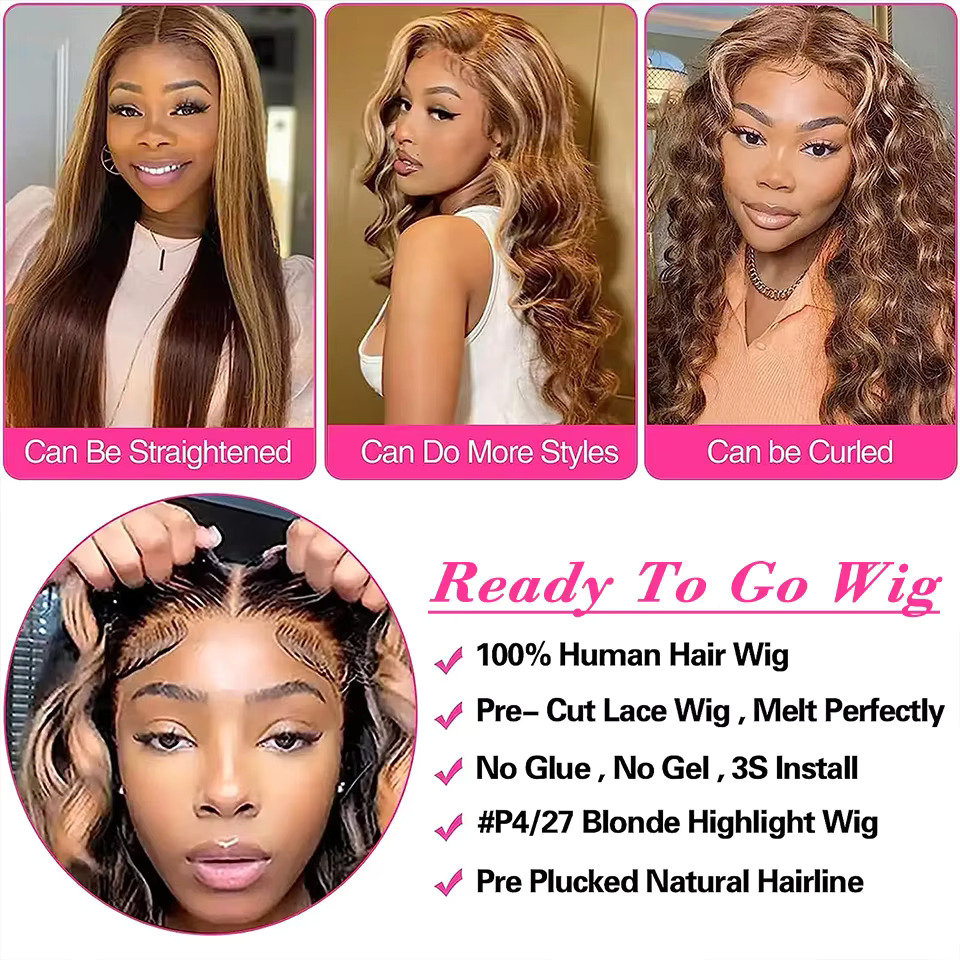 30 32 Inch 4/27 Highlight Colored Ombre Blonde Body Wave Human Hair Malaysian 13x6 HD Transparent Lace Frontal Wig For Women