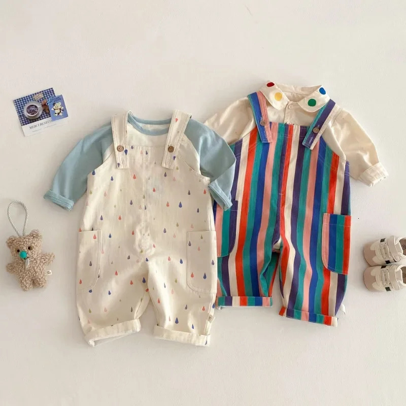 Spring Childrens Clothes Fashion Overalls Polka Dot Striped Jumpsuits Boys Girls Suspenders Pants Kids Playsuit 250117