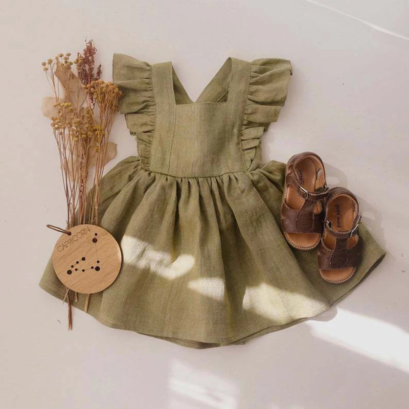 Summer Toddler Girls 100% Cotton Ruffles Sleeve Dress For 04Y Linen Baby Kids Clothes Casual Fashion Princess Dresses 250117