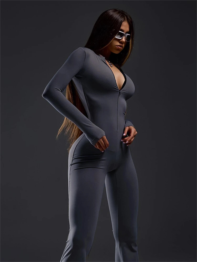 Aualay Spring Black Long Sleeve Bodycon Jumpsuit Streetwear For Women 2024 Long Slevee Flared Jumpsuits Causal Zipper Activewear 250107