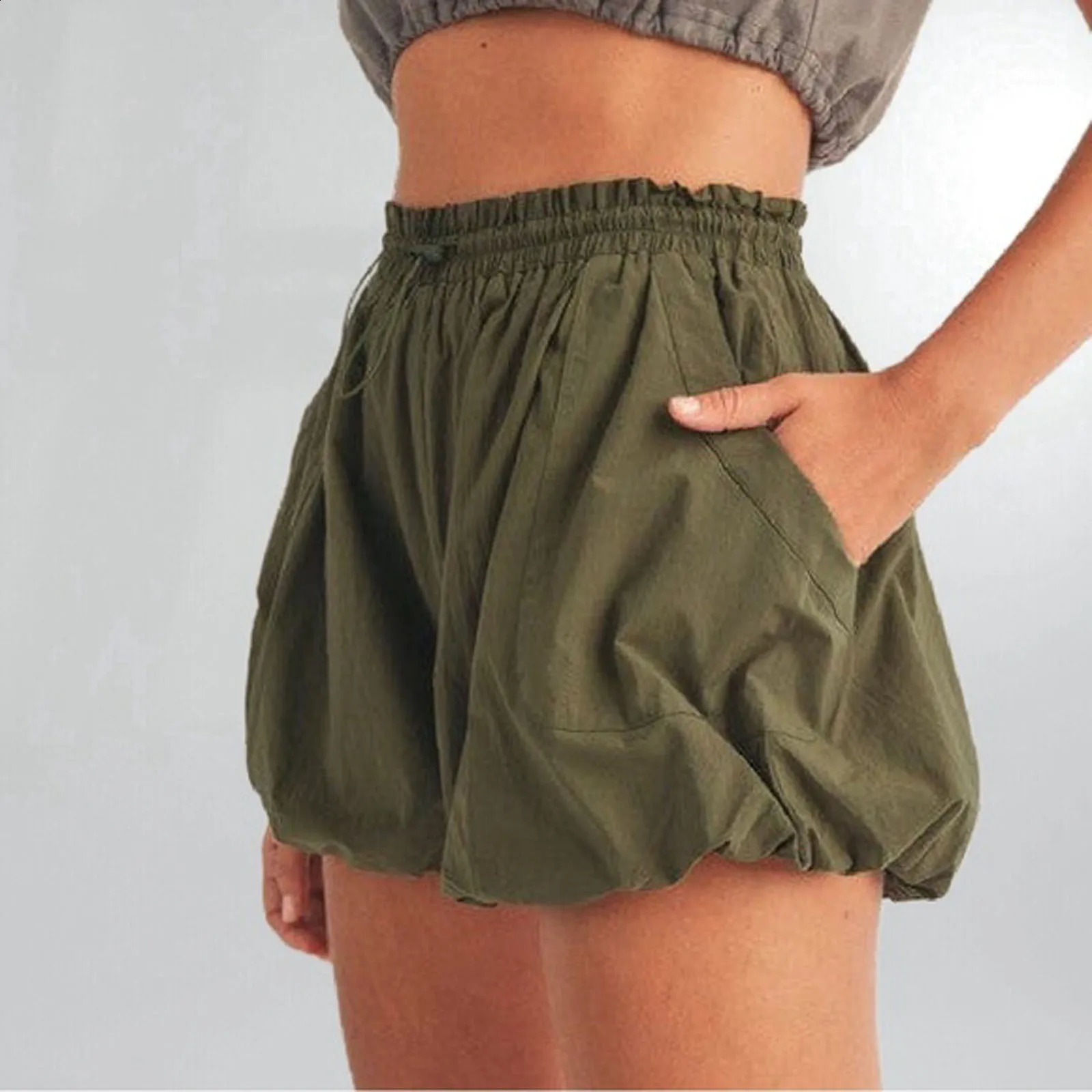 Women Summer Solid Color Casual Budded Shorts Drawstring Waisted Athletic Workout Bubble Shorts with Pockets 250118