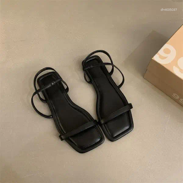 Sandals Buckle Strap Flat Sandal Shoe 2025 Women's Summer Heels Square Toe Without Retro Gladiator Fashion Girls Rome Scandals hurenlakeshoes