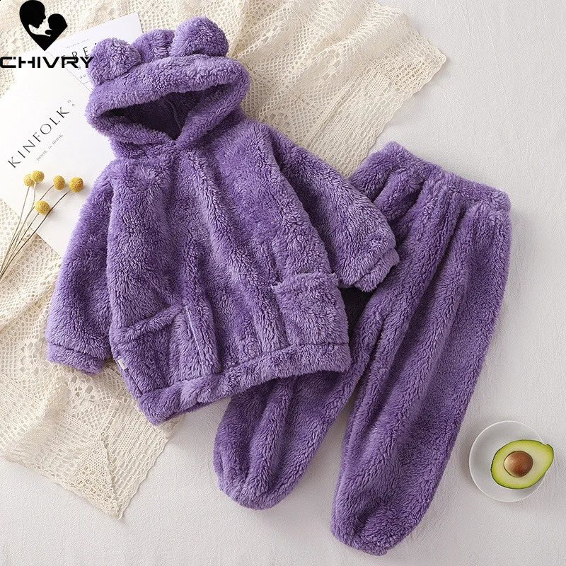 Kids Winter Pajama Sets Baby Boys Girls Thicken Fleece Warm Home Wear Children Cute Bear Hooded Sleepwear Pyjamas Clothing 250121