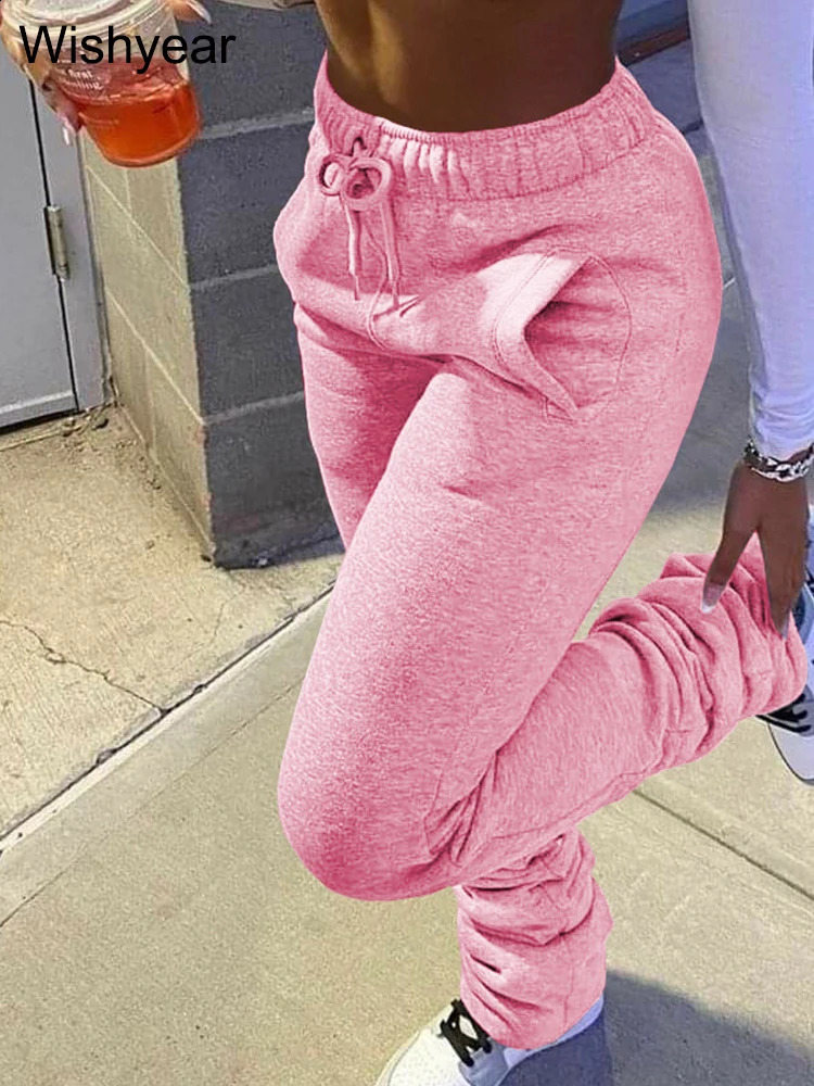 Sales Solid Stacked Pencil Pants Women High Waist Pocket Drawstring Ruched Fleece Trousers Sporty Jogging Bottoms Sweatpants 250122