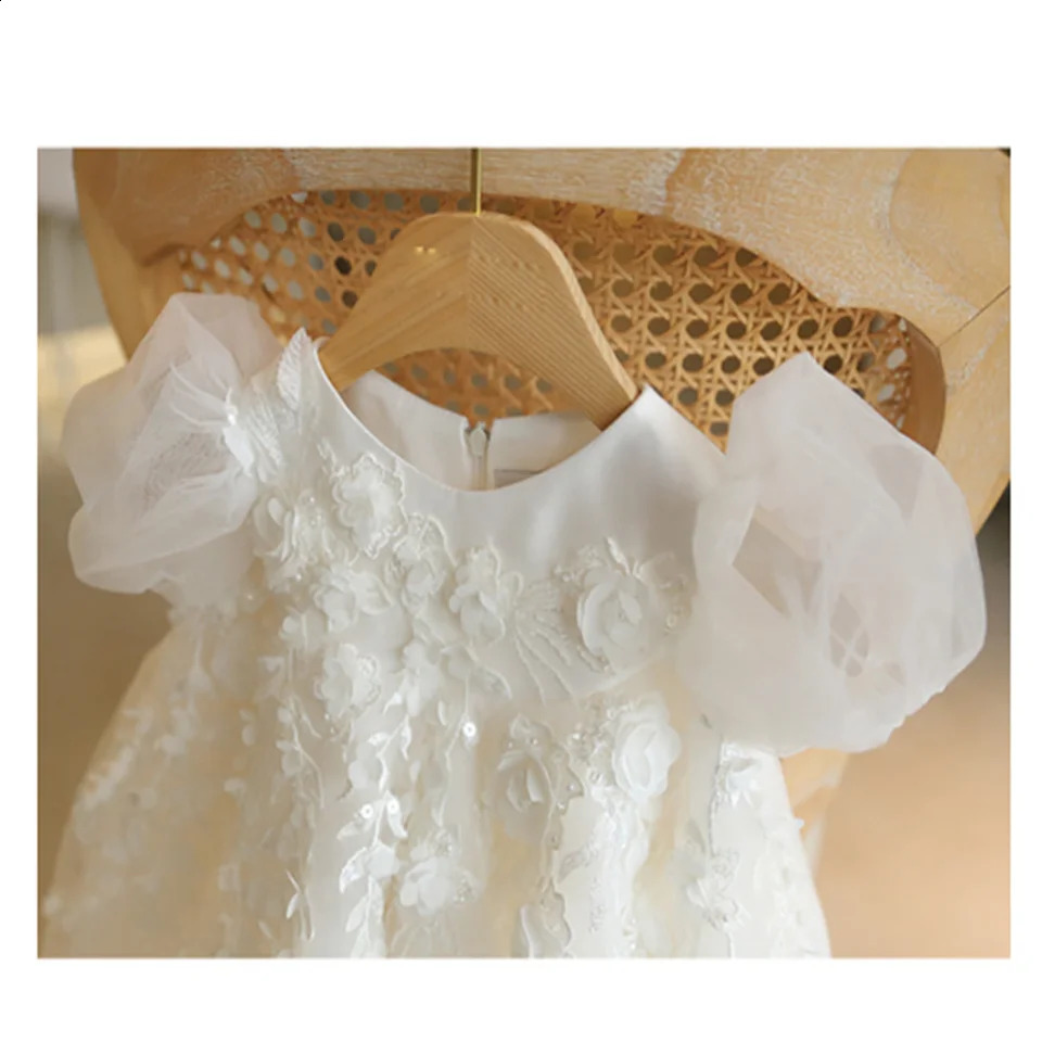 Baptism High Waisted Princess Dress White Baby Birthday Wedding Dress Flower Girl Dress Fluffy Customized Communion Gown 250120