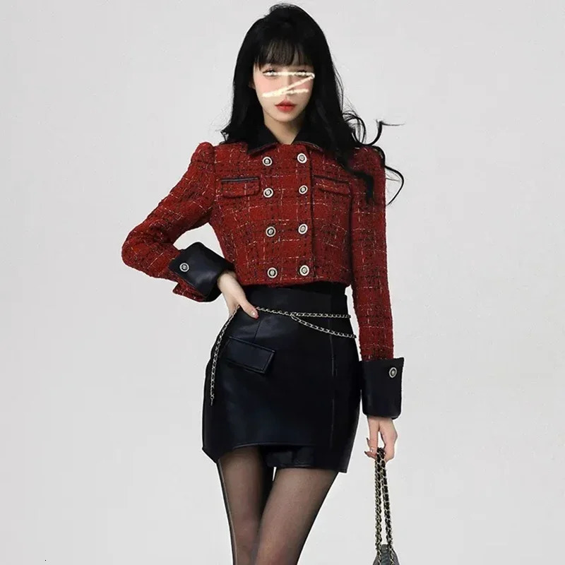 Vintage Cropped Tweed Jacket Women Elegant Blazers Korean Patchwork Short Suit Coats Christmas Double Breasted Chic Outerwear 250122