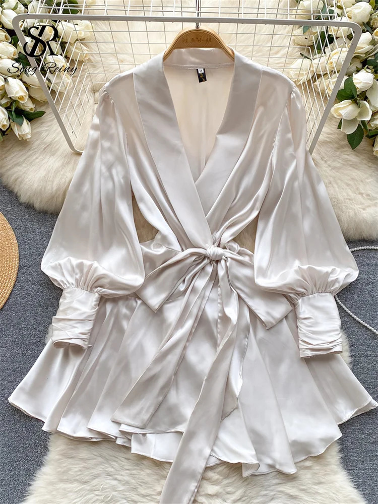 SINGREINY Women Senior Satin Sexy Dress 2024 Fashion Deep V Neck Bandage French Spring Lantern Sleeve Pleated Wrap Dress 250121