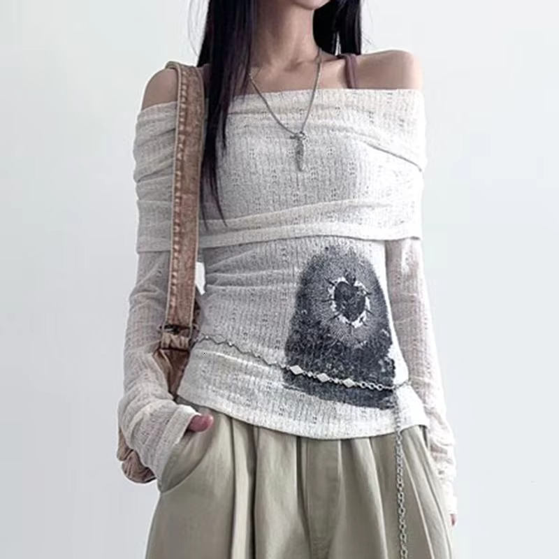 Rockmore Chic Retro One-Shoulder Printed Top Slim Thin Long Sleeve T-Shirt Vintage Streetwear Aesthetic Haruku Casual Outfits