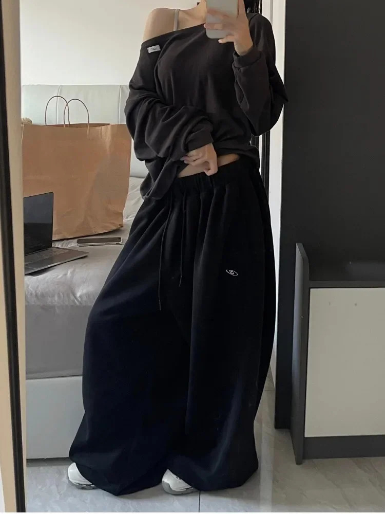HOUZHOU Vintage Black Baggy Sweatpants Oversize Woman Korean Style Jogger Pants High Quality Harajuku Streetwear Trousers Winter 250108