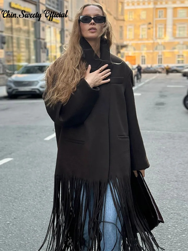 Elegant Tassel Hem Long Coat Women Patchwork Full Sleeve Turndown Collar Female Overcoat 2025 Fashion High Street Lady Outwear 250115