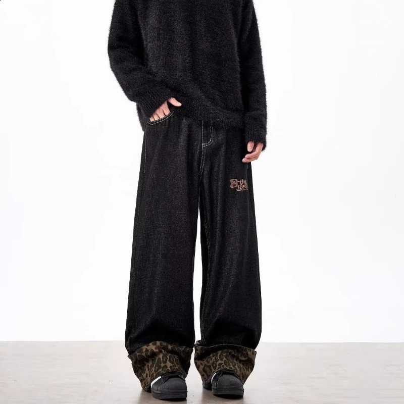 Leopard Print Patchwork Mens Jeans Hip Hop Fashion Washed Wide Legs Cow Pants Size S-3XL Curling Edge Denim Trousers 250120