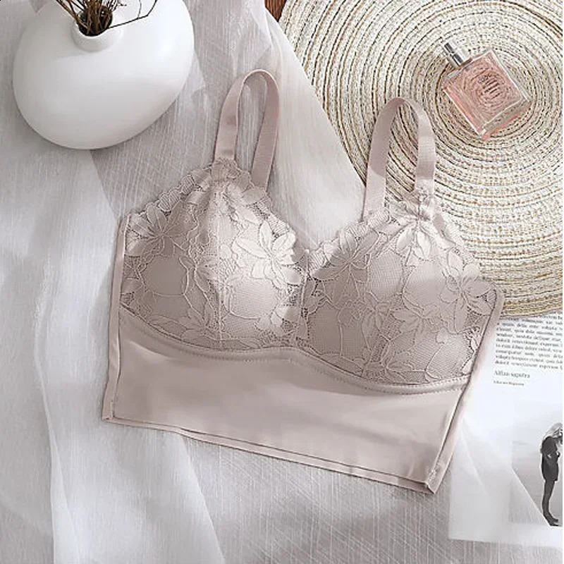 1pcs Ice Silk Seamless Lace Sport Bra No Steel Ring Comfortable Large Size vest bra Gather Anti Sagging Underwear 250122