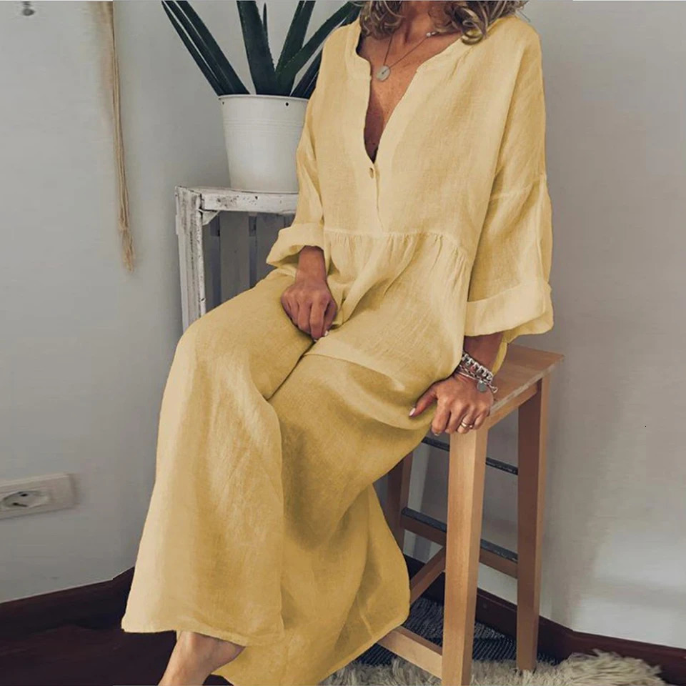 Plus Size L5XL Vneck Loose Cotton Linen Shirt Dres Solid Color Long Sleeve Thin Midi Dress Summer Fashion Holiday 250121