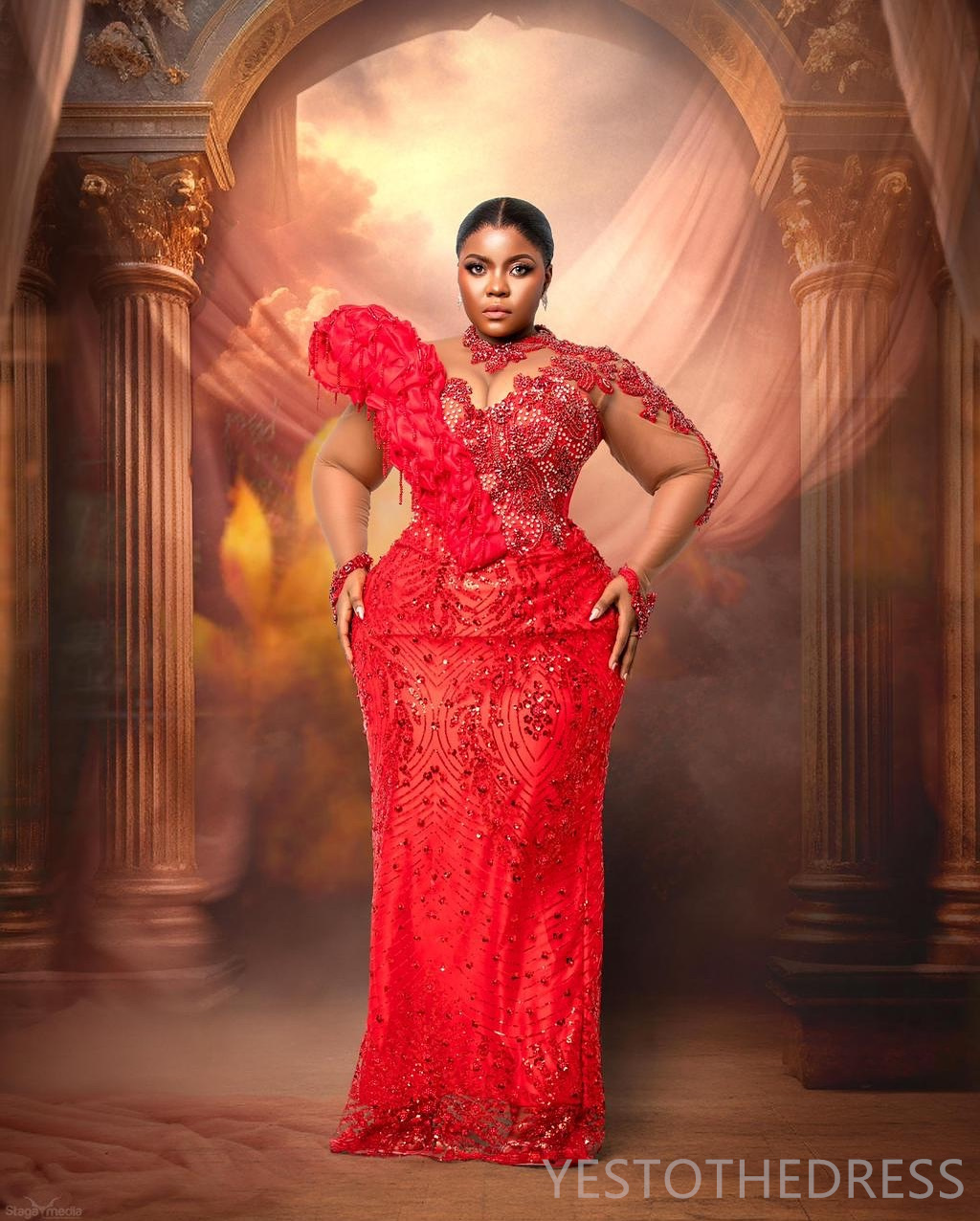 2025 Plus Size Aso Ebi Red Prom Dresses Mermaid Evening Gowns For Black Women Illusion Sheer Neck Long Sleeves Beaded Lace Birthday Dress Second Recep