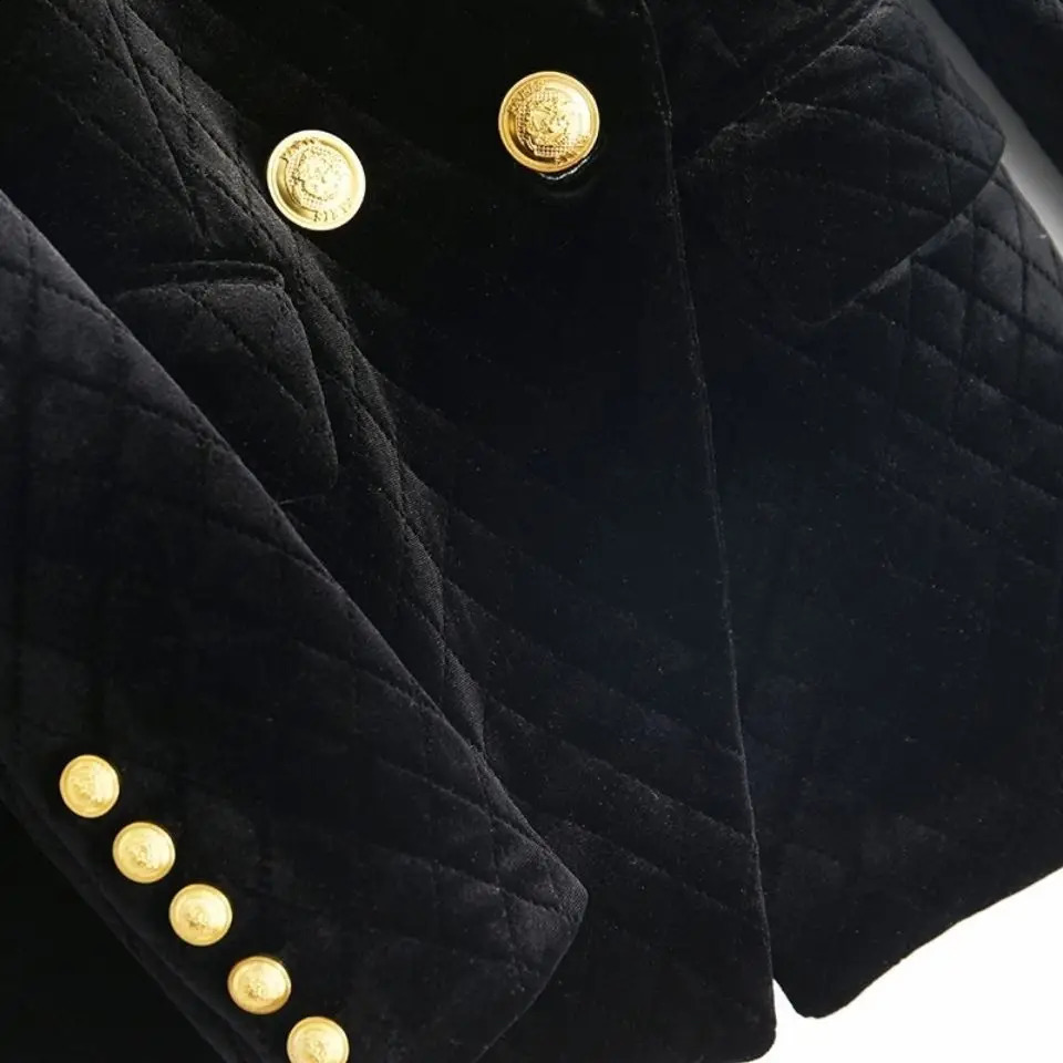 2024 Autumn Winter Cotton Velvet Suit Double Row Metal Buckle Blazer Jacket High Waist Cinching Slimming Womens Warm 250113