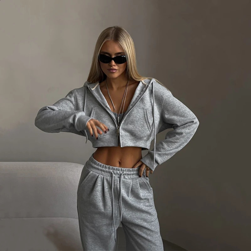 Spring womens casual suit Solid color short waisted hooded cardigan jacket Sports lace-up pocket pants Female two piece set 250118