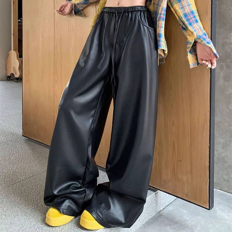 Lucyever American Black PU Leather Pants Women Autumn Winter Streetwear High Wiast Straight Pants Woman Baggy Wide Leg Trousers 250117