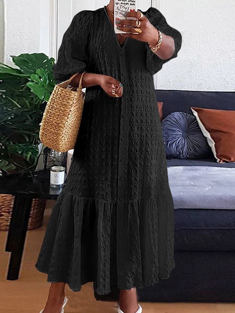 VONDA Women Bohemian Long Maxi Dress Elegant Party Sundress Casual Loose Solid Color Sexy V Neck Puff Sleeve Robe Femme 250122