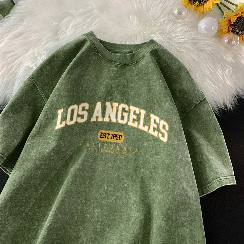 Hip Hop Street Tshirt Men Los Angeles California Letter Shirt Cotton Retro Washed Short Sleeve Soft Comfort Tshirts Tiki 250122