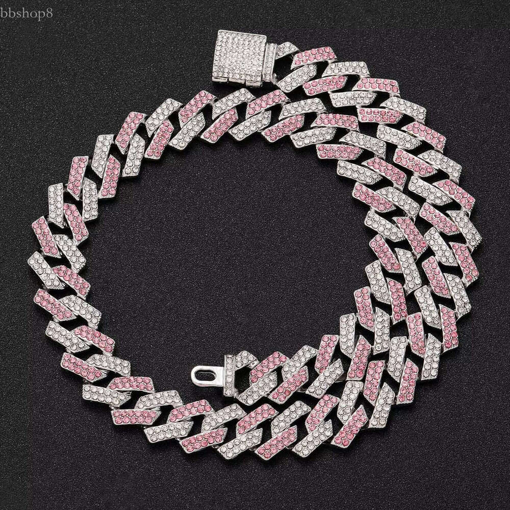 European American Male Hip Hop Necklace 14mm Pink White Dia Cuban k Clavicle Chain