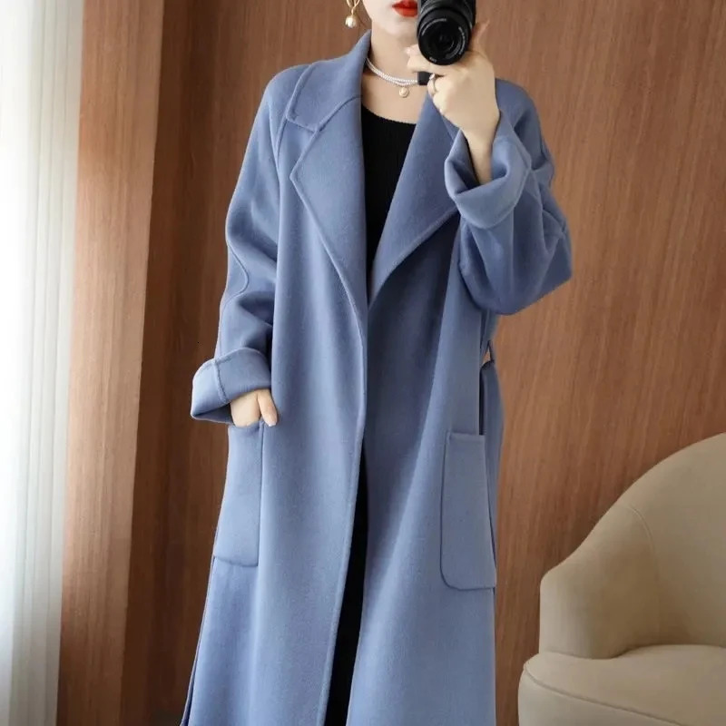 100 Wool Coat Womens Wear 2024 AutumnWinter Fashion Temperament Double sided Cashmere Coats with Belt Elegant Long Overcoat 250110