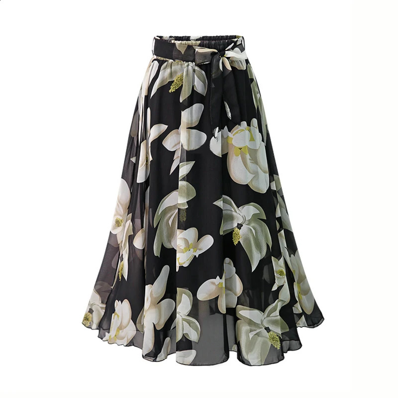 Plus Size Print Floral Skirt Women 2024 Summer Loose Elastic High Waist Chiffon Midi Skirts Lace Up Bow L5XL Swing Jupe Femme 250122