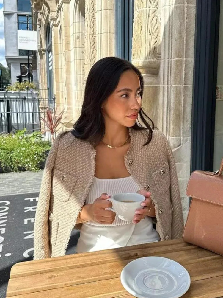 Women Elegant Tweed Cropped Jacket Autumn Button Frayed Long Sleeve Jackets Female Fashion Oneck Pocket Short Coats 250122
