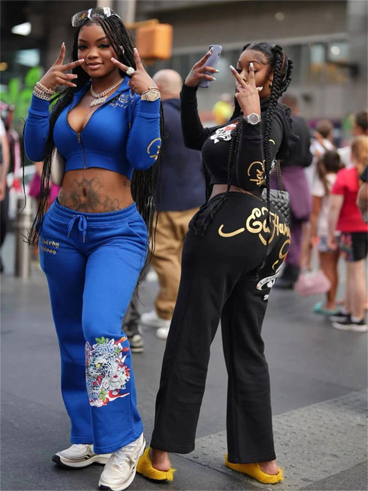 Aualay Y2k Black Printed Hoodies Sweatpant Party Club Clothing For Woman Spring Blue Graphic Bodycon 2 Two Piece Pants Sets 250120