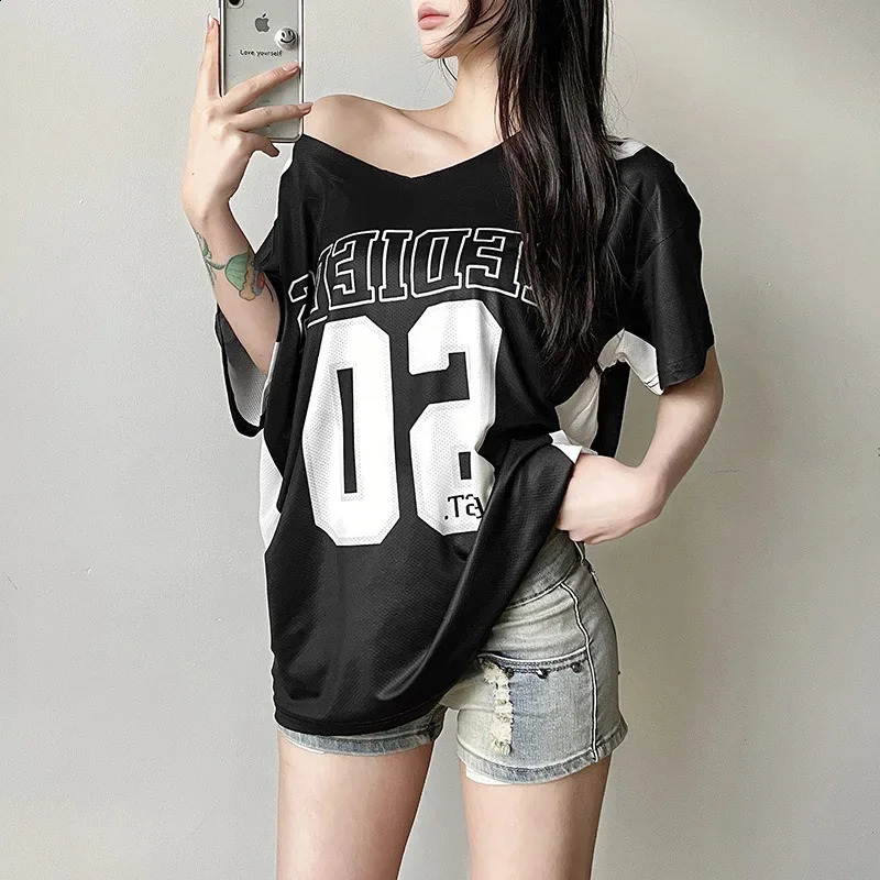 Y2k Aesthetic Summer Letter Printing T-shirts Harajuku Patchwork Loose Oversize Tops Women Harajuku Skew Collar Casual Tees 250109