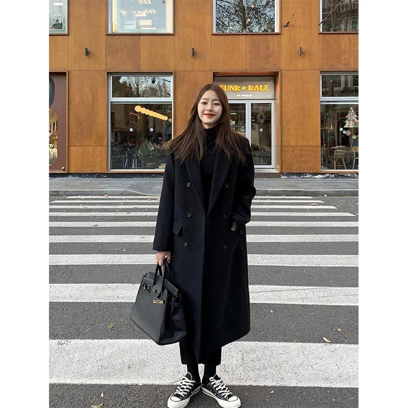 MEXZT Long Wool Blends Coat Streetwear Black Blazer Korean Quilted Woolen Jackets Winter Elegant Overcoat Thick Outerwear 250110