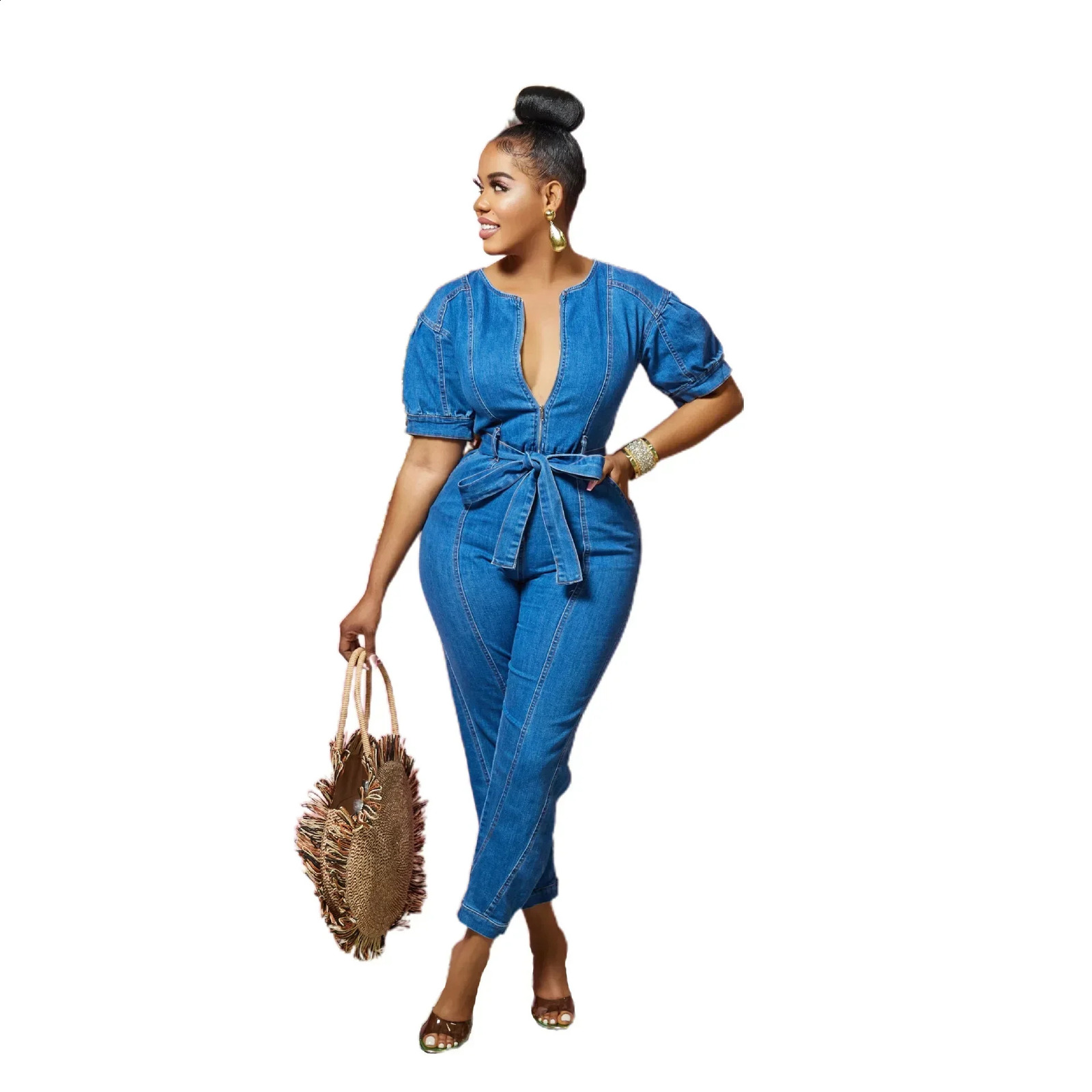 Women One Piece Round Neck Tight High Waist Lace Up Bow Overalls Slim Fit Denim Jumpsuits Sheath Long Pants Rompers Spring 250122