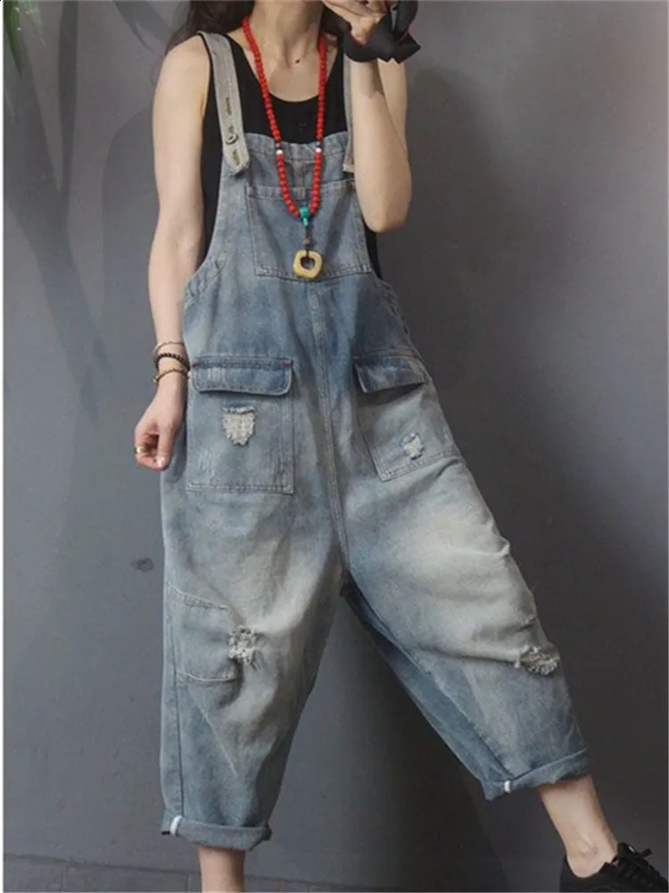 Spring Autumn Vintage Jeans Jumpsuits Women Loose Wide Leg Rompers Hole Denim Jumpsuit Ladies Front Pockets Suspenders Pants 250122
