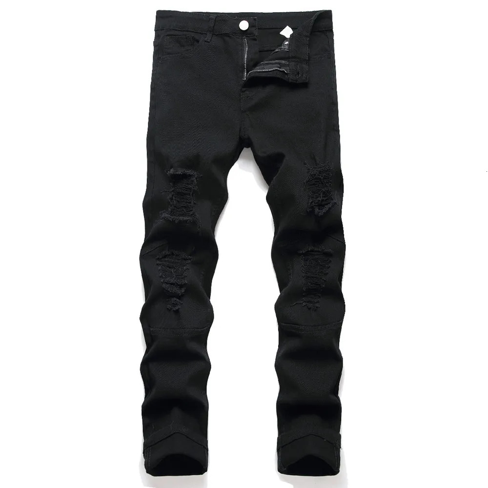 Mens Black Stretch Skinny Fit Pencil Jeans Trousers Knee Ripped Distressed Motorcycle Biker Jeans Pants For Men 250118