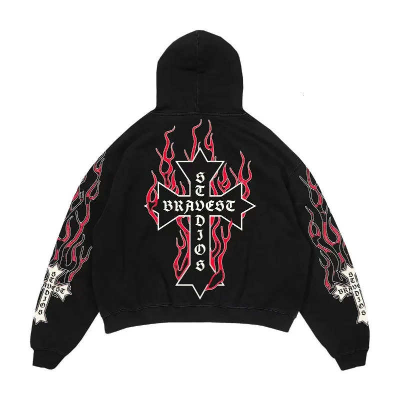 Hip Hop Retro Personalized Flame Printed Hoodie Mens Y2K Trend Harajuku Fashion Sweater Loose Casual Womens Coat 250110