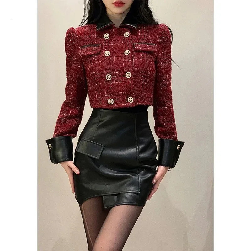 Vintage Cropped Tweed Jacket Women Elegant Blazers Korean Patchwork Short Suit Coats Christmas Double Breasted Chic Outerwear 250122