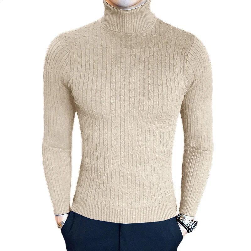 Mens Slim Fit Turtleneck Sweater Casual Twist Patterned Pullover Knitted Sweaters Autumn Outdoor Streetwear Warm Sweaters Men 250116