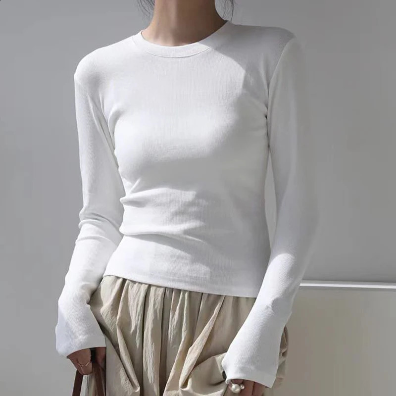 Cotton O Neck Long Sleeve Shirt Women Sexy Cropped Tops 2024 Autumn Black Casual Skinny Slim Basic Woman T Shirts White Clothing 250114