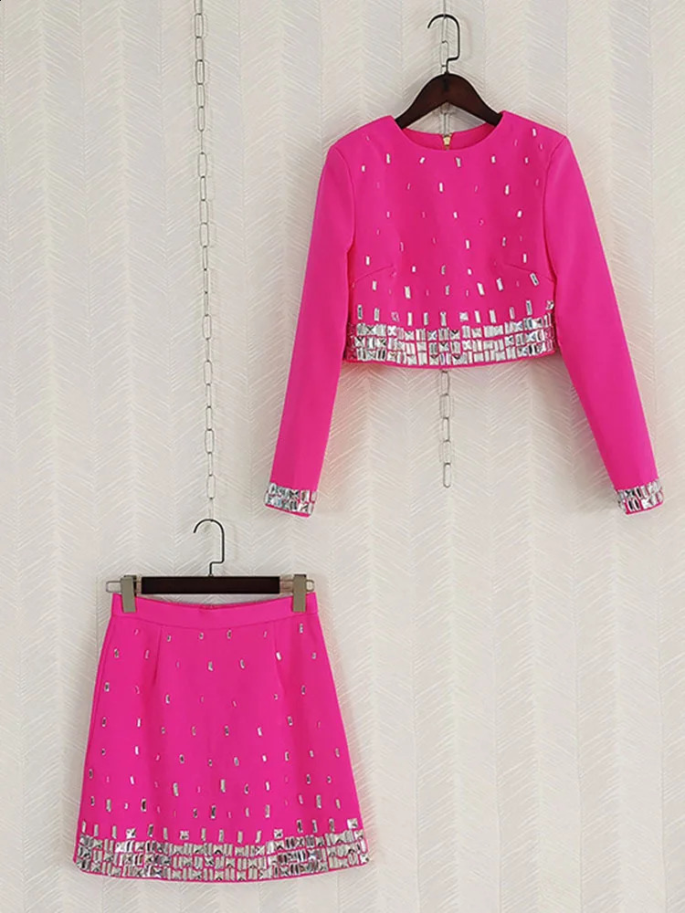 IEQJ-Two-Piece Set for Women Beaded n Round Neck Long Sleeve Coat High Waist Skirts Sets Spring 36A1272 250122