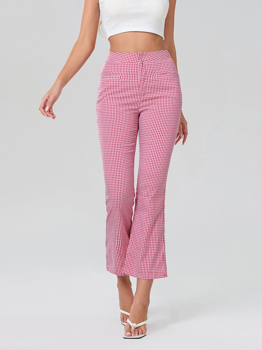 Women Checkered Trousers High Waist Plaid Pants Spring Summer Fashion Casual Sweatpants Fit Flared Leg Trendy Style 250122
