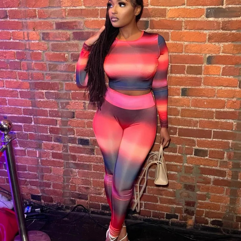 Oshfall Autumn Fashion Body Printing Two-Piece O-collar Long Sleeved TopHigh Waist Slim Pants Women Sexy Street Suit 250122