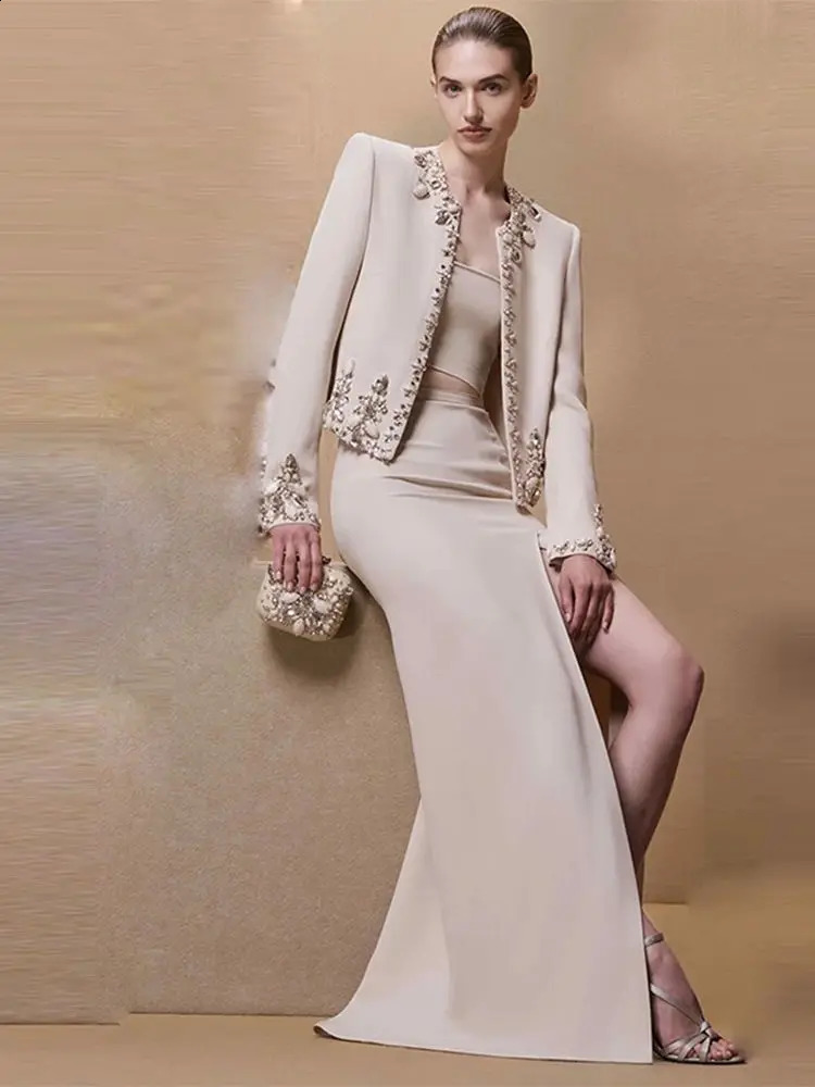 HIGH STREET est Fashion Suit Set Womens Rhinestone Diamonds Beaded Cardigan Jacket Split Half Skirt Set 2pcs 250122