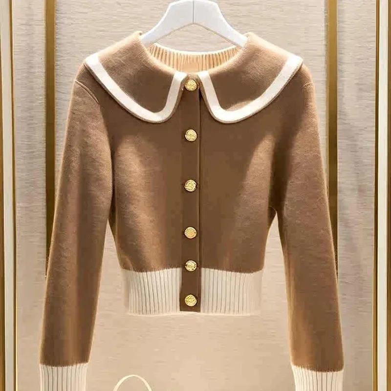 Elegant Tweed Style Petite Knitted Cardigan In Coffee Color Cropped Versatile Top For Autumn Winter AgeReducing Sensitive n 250122