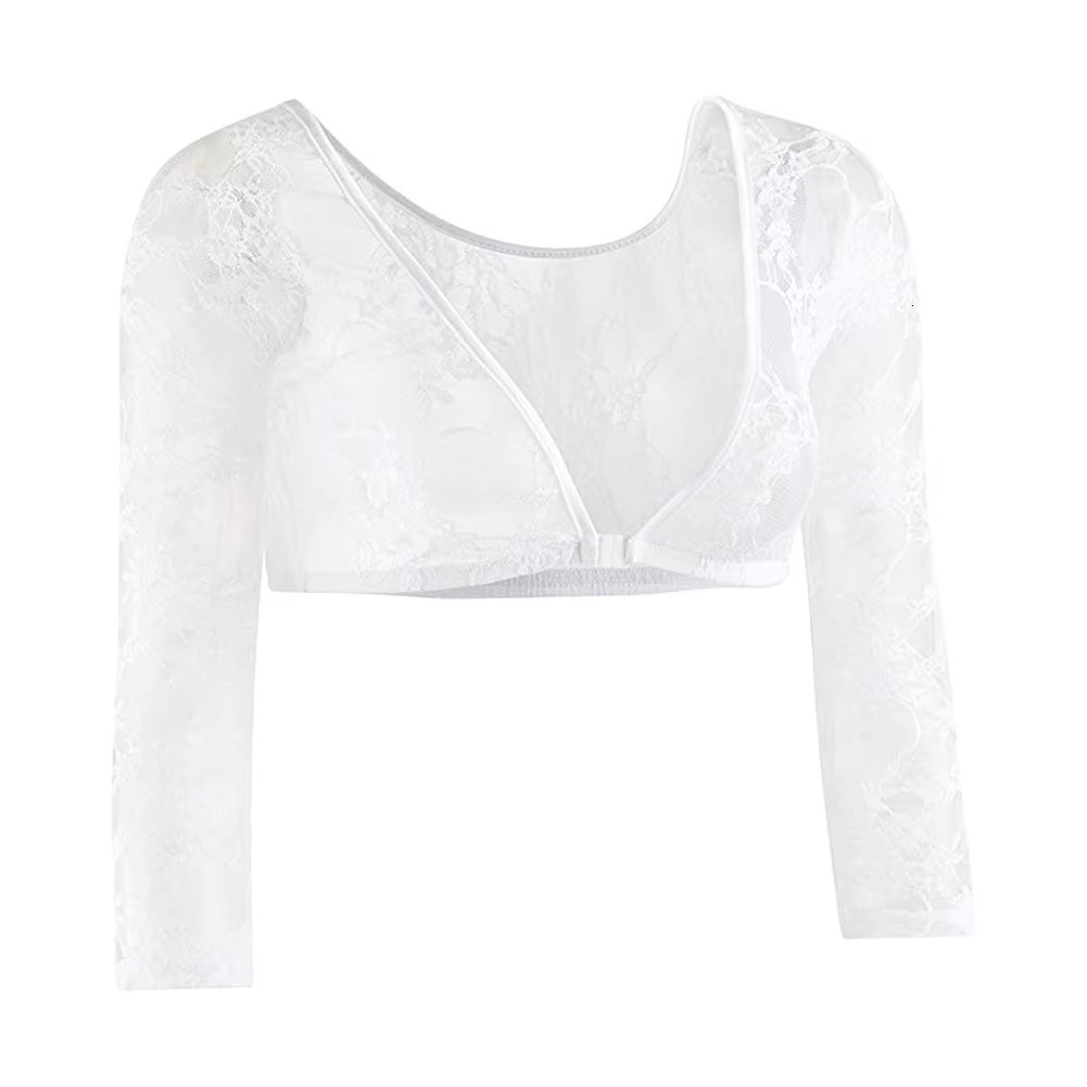 Women Mesh Lace See Through Long Sleeve Crop Tops Sheer Seamless Shaper T Shirt Shrugs T-Shirts Tees Woman Clothing