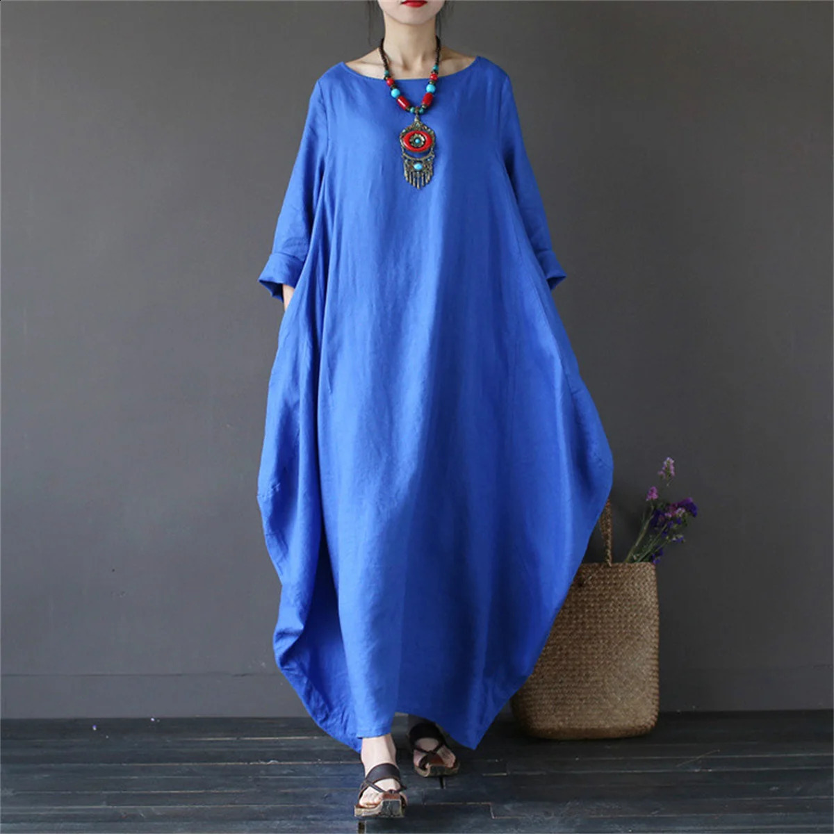 Fashion A-line Solid Color Dress Womens Round Neck Seven Sleeve Casual Long Vestidos Loose Office Lady Robes Summer 250122