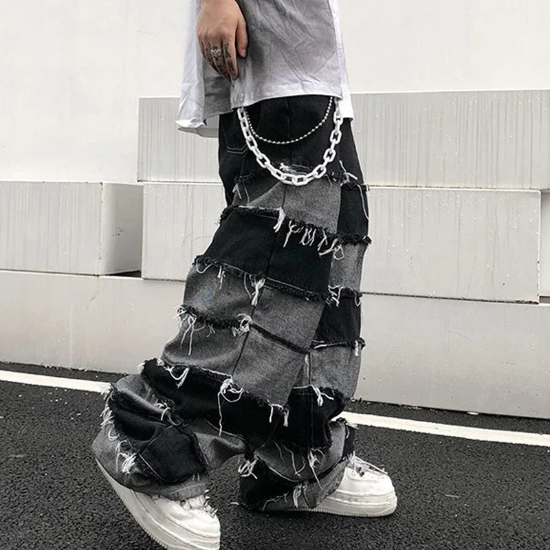American High Street Antique Tassel Jeans for Men Dropped Wide Leg Hip Hop Lazy Long Pants 250122