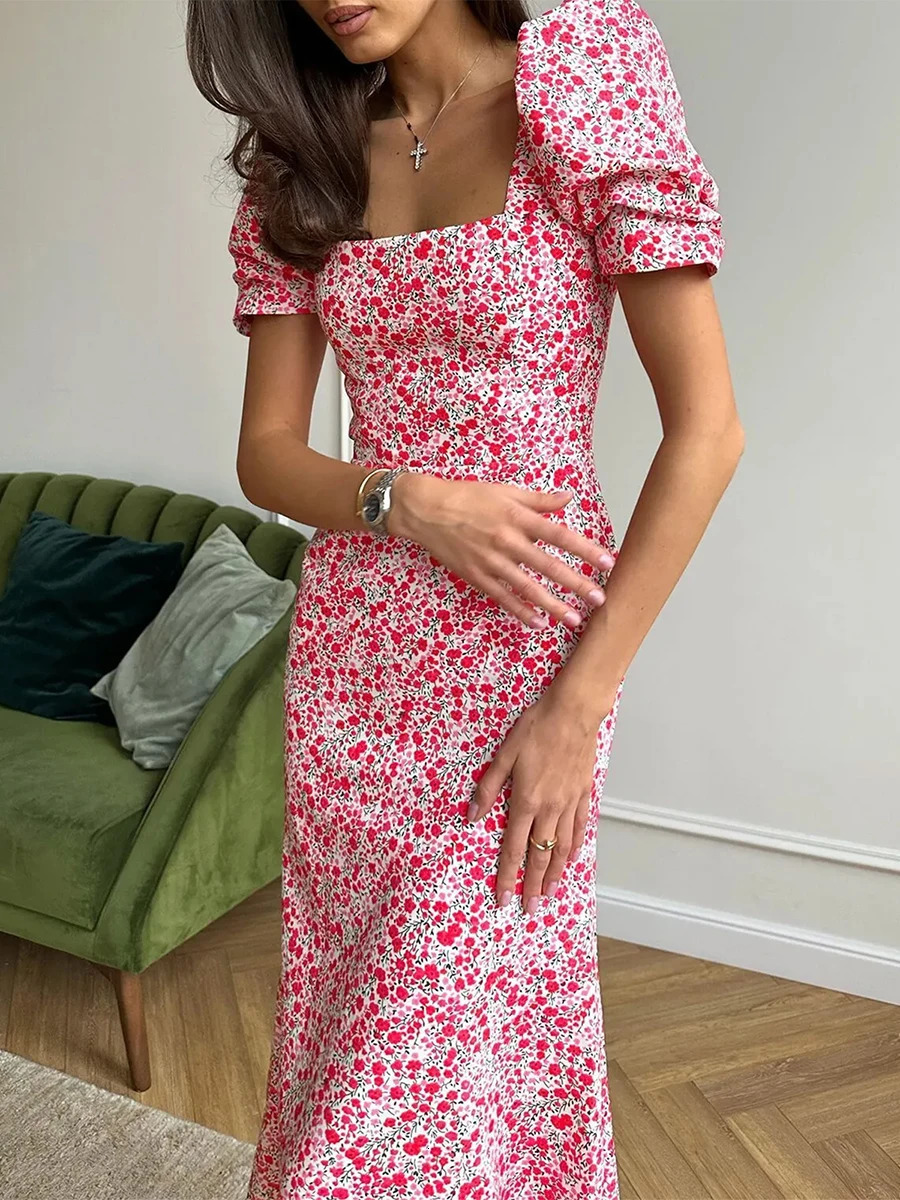 Fashion Womens Summer Midi Dress Casual Short Puff Sleeve Floral Print A-Line Dress Elegant Flowy Dress S M L 250122