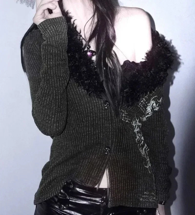 Vintage Punk Y2k Aesthetic Faux Far V Neck Button Cardigan Autumn American Harajuku Print Office Lady Clothes Subcultural Shirts 250122