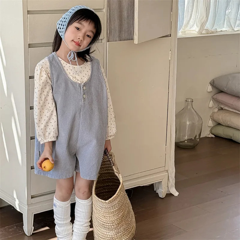 5264 Childrens Clothing Spring Girls Korean Corduroy Jumpsuit Pantsuit Casual Strap Pants 250117